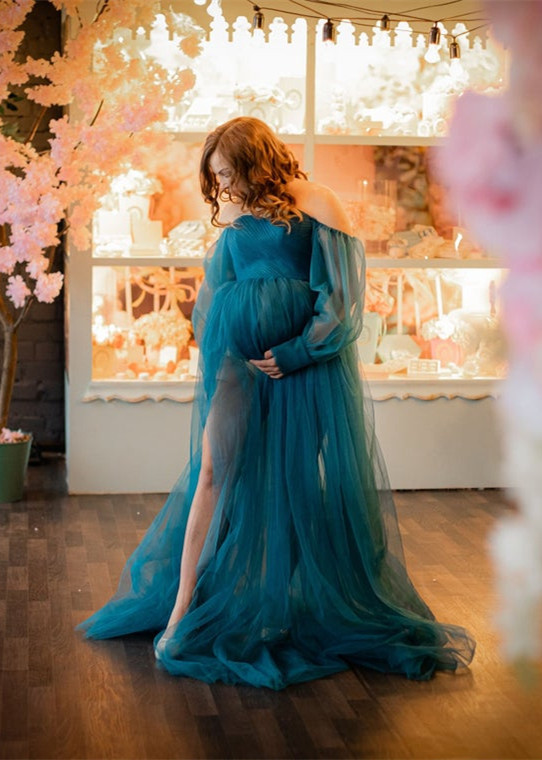 Teal Off Shoulder Tulle Slit Maternity Dress