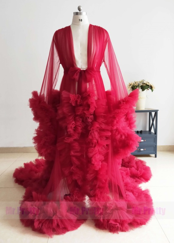 Red Tulle Ruffled Open Front Maternity Dress Photoshoot Dress