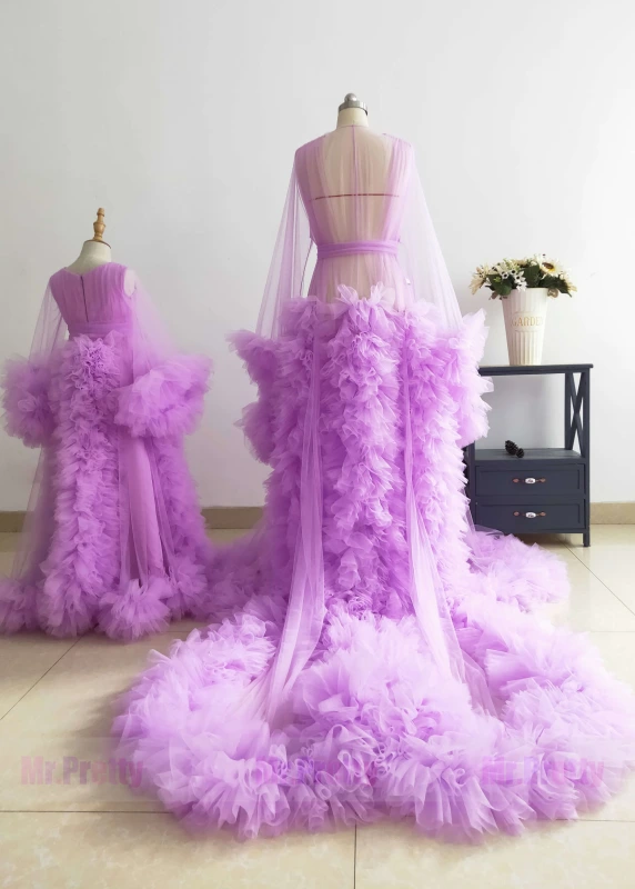 Lilac Mother And Kids Photoshoot Dress Tulle Ruffled Dress