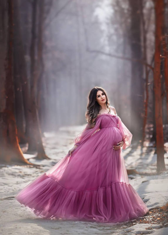 Off Shoulder Purple Tulle Fashion Maternity Dress