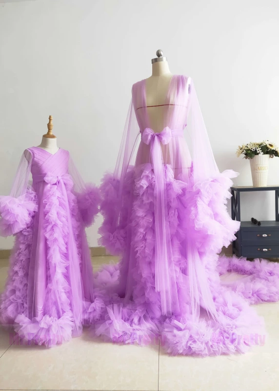 Lilac Mother And Kids Photoshoot Dress Tulle Ruffled Dress