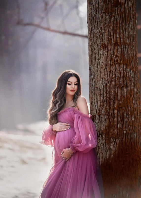 Off Shoulder Purple Tulle Fashion Maternity Dress