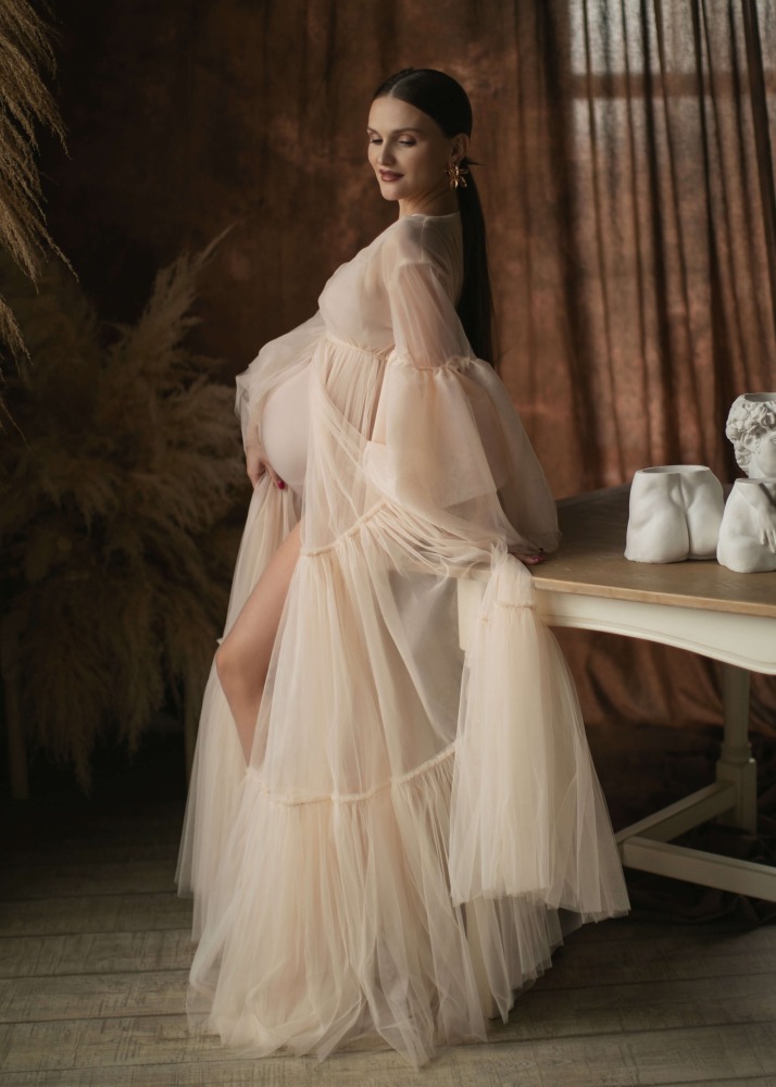 Champagne Tulle V Neck Unique Maternity Dress