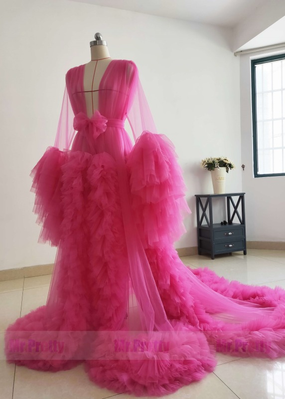 Hot Pink Tulle Open Front Maternity Dress Photoshoot Dress