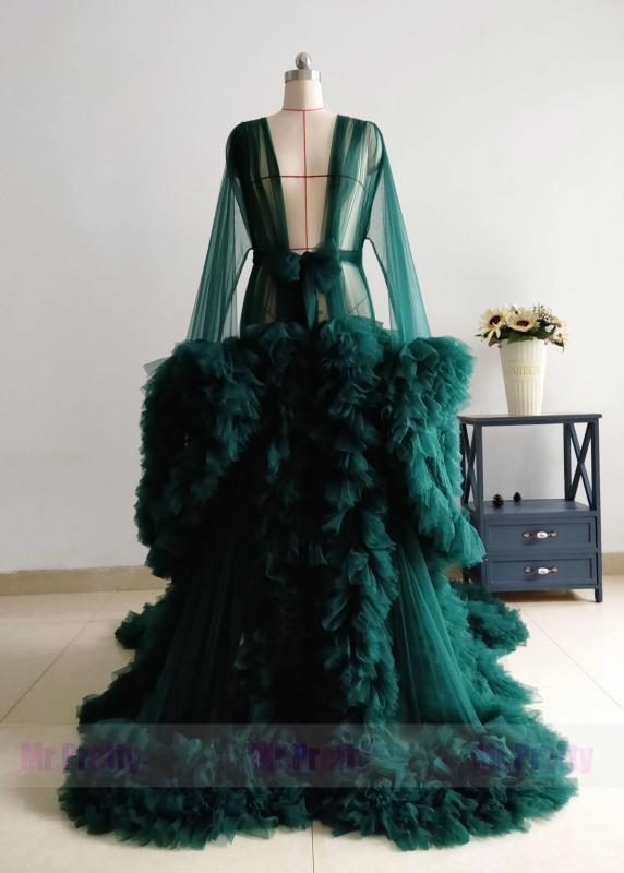 Green Tulle Ruffled Open Front Charming Maternity Dress