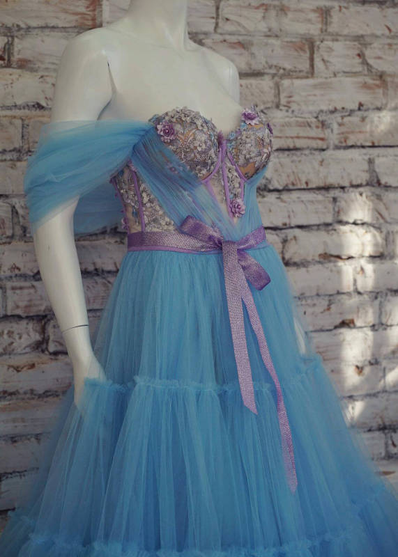 Off Shoulder Blue Tulle Floral Outdoor Wedding Dress