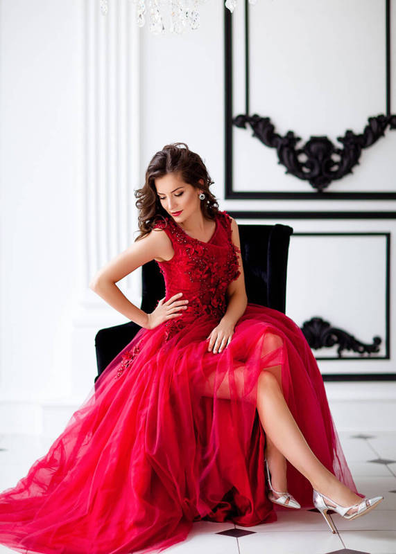 Red Beaded Lace Tulle Prom Dress