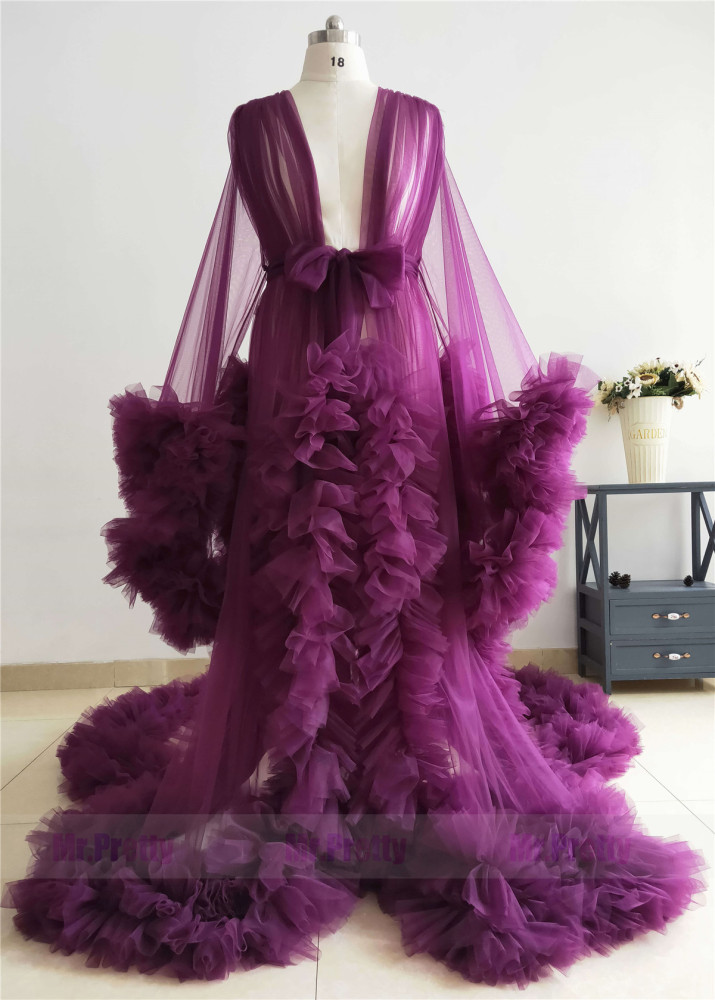 Purple Ruffled Tulle Maternity Dress For Photo Shoot