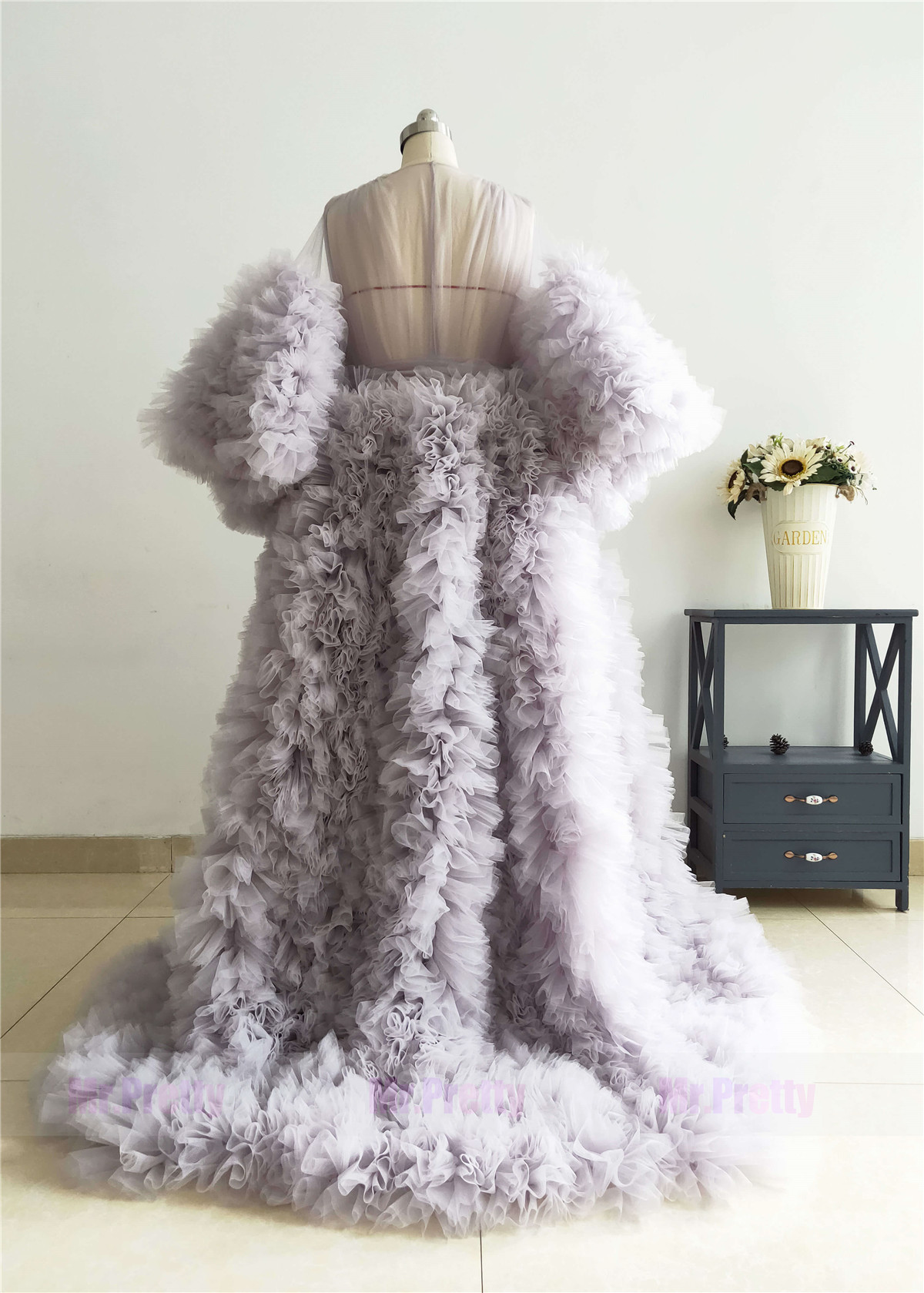Grey Ruffled Tulle Mother And Kids Photoshoot Dress