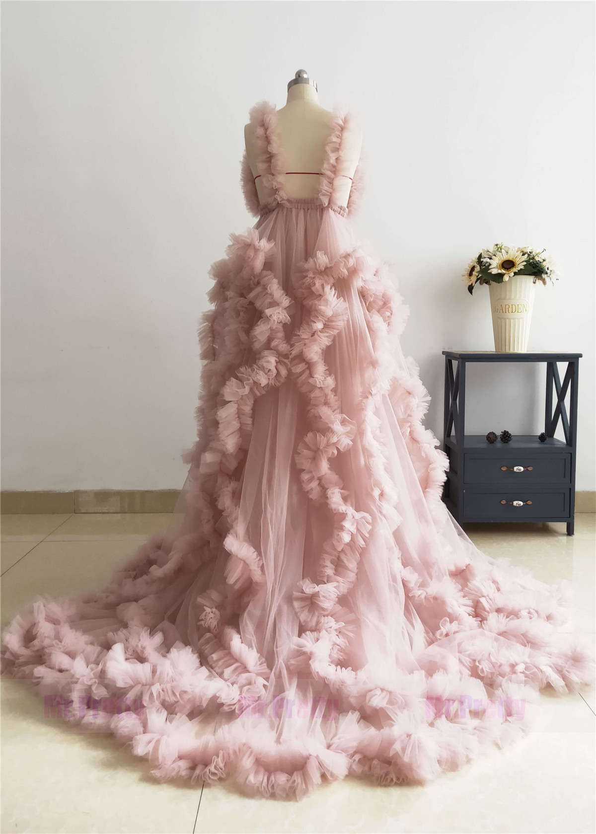 V Neck Mauve Tulle Clouds Mother And Kids Photoshoot Dress
