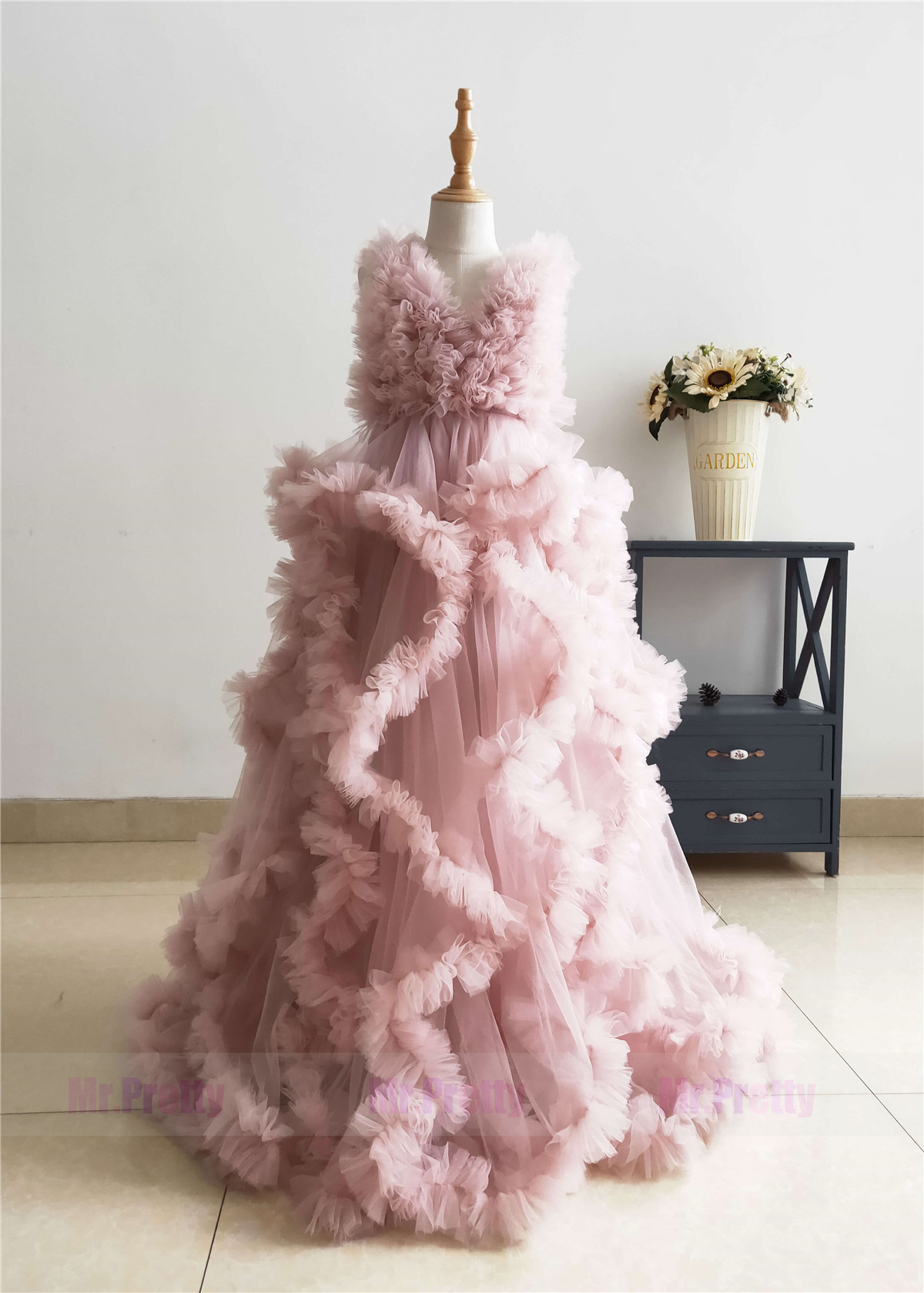 V Neck Mauve Tulle Clouds Mother And Kids Photoshoot Dress