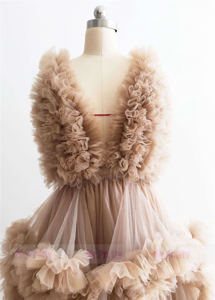 Tan Clouds Tulle Elastic Waist Popular Maternity Dress