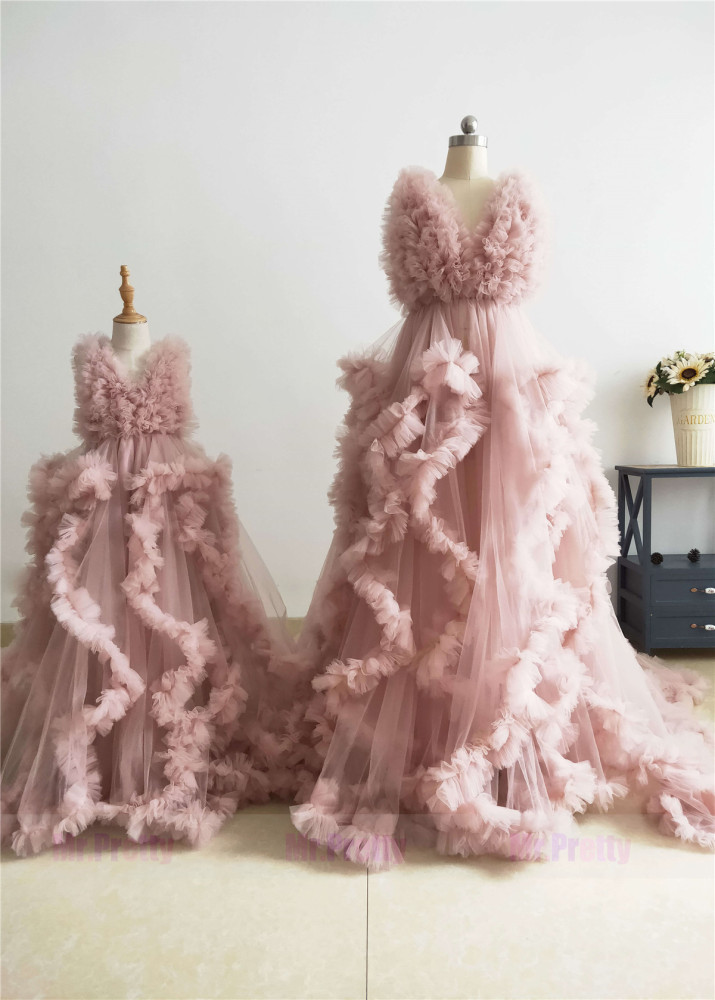 V Neck Mauve Tulle Clouds Mother And Kids Photoshoot Dress