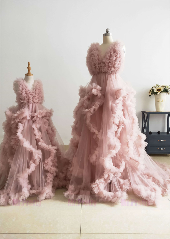 V Neck Mauve Tulle Clouds Mother And Kids Photoshoot Dress