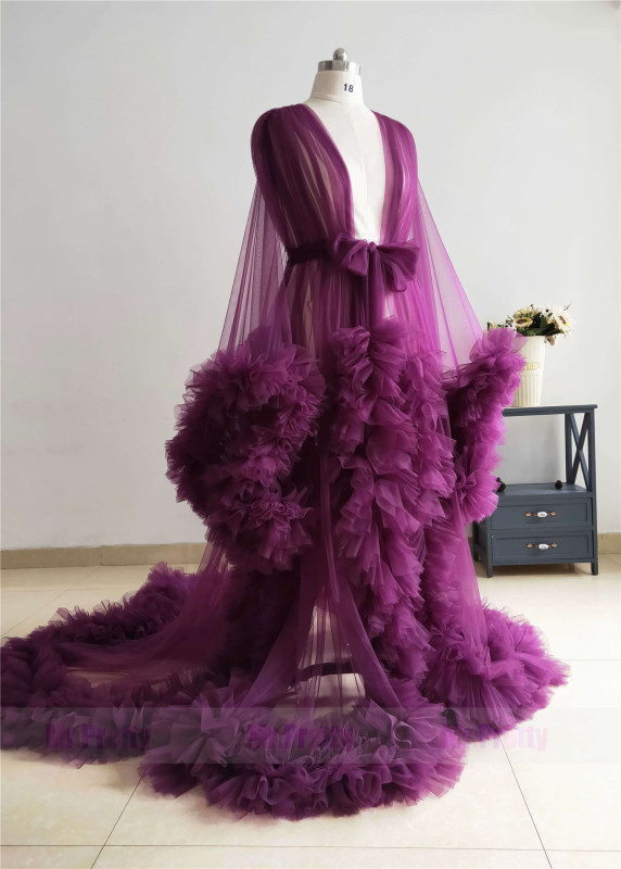 Purple Ruffled Tulle Maternity Dress For Photo Shoot