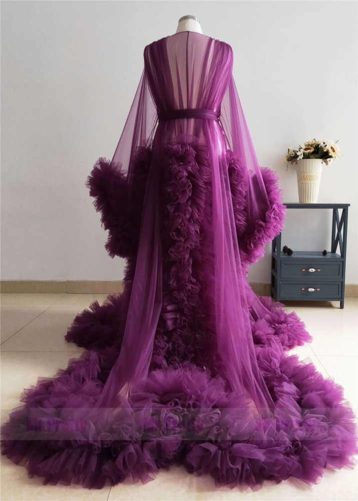 Purple Ruffled Tulle Maternity Dress For Photo Shoot