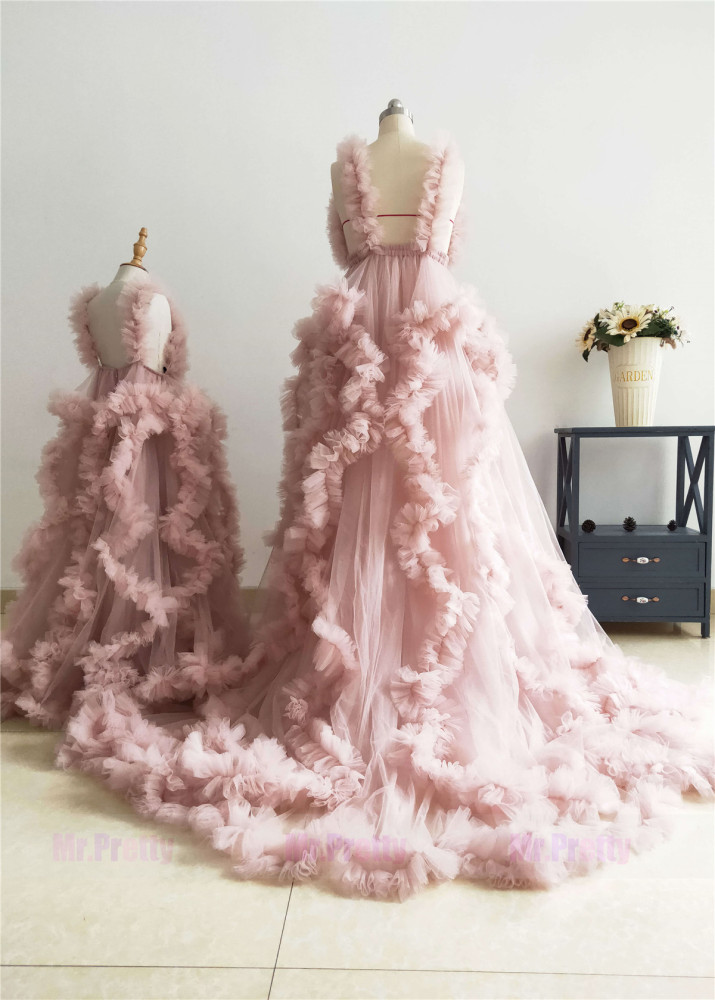 V Neck Mauve Tulle Clouds Mother And Kids Photoshoot Dress