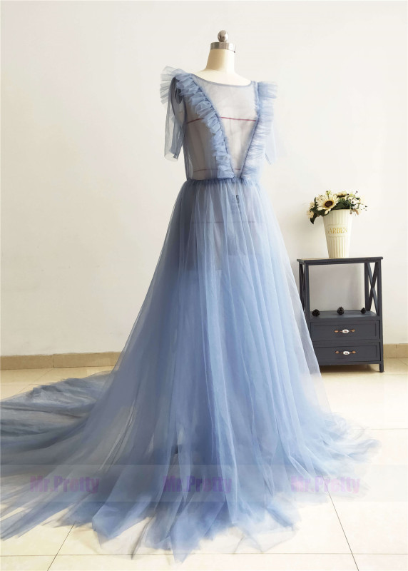 Dusty Blue Tulle Maternity Dress Pregnancy Photoshoot Robe