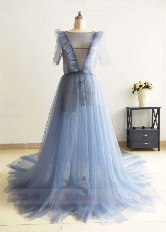 Dusty Blue Tulle Maternity Dress Pregnancy Photoshoot Robe