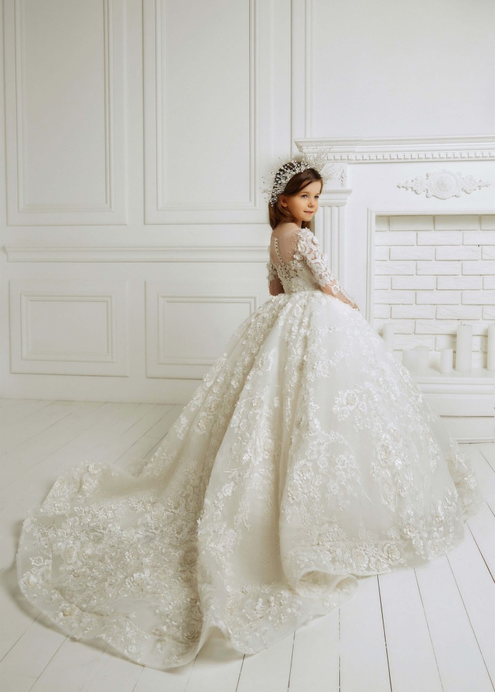 Ivory Beaded Lace Floral Wedding Party Flower Girl Dress