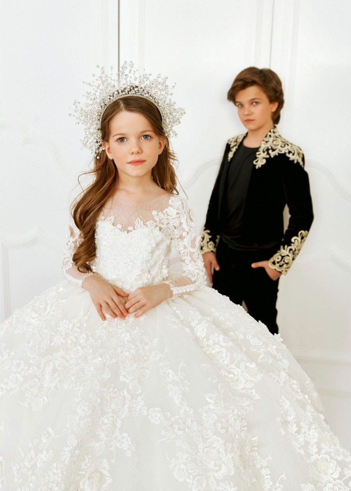 Ivory Beaded Lace Floral Wedding Party Flower Girl Dress