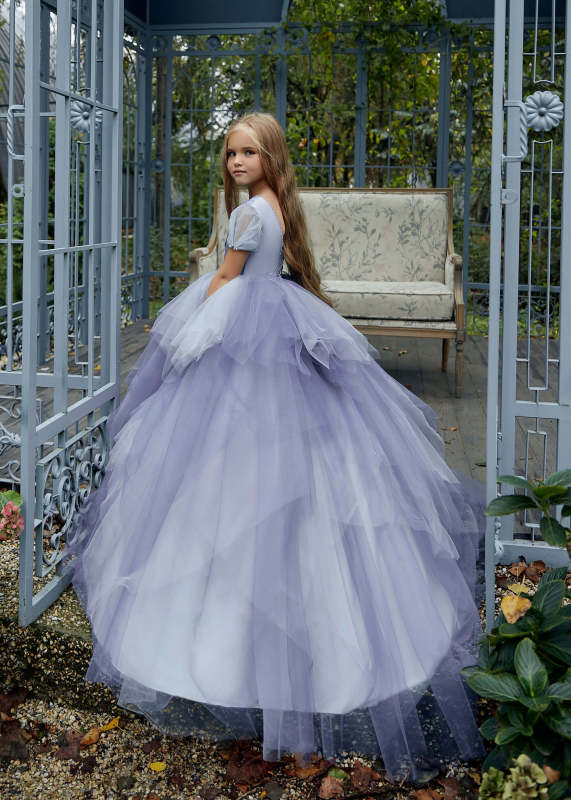 Short Sleeves Lavender Tulle Ruffle Flower Girl Dress
