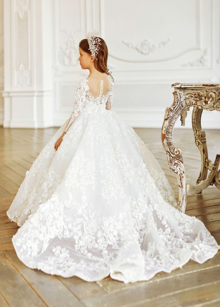 Ivory Beaded Lace Floral Wedding Party Flower Girl Dress