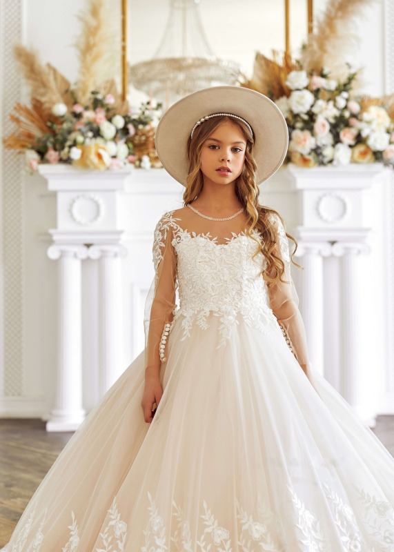 Ivory Lace Champagne Tulle Girls Conmmunion Dress