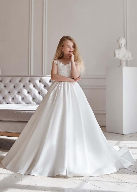 Ivory Lace Beaded Satin Ball Gown Girls Party Dress