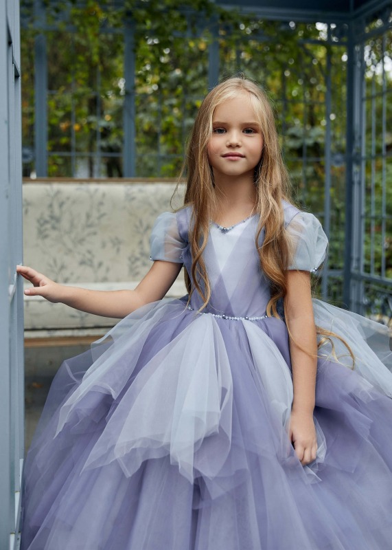 Short Sleeves Lavender Tulle Ruffle Flower Girl Dress