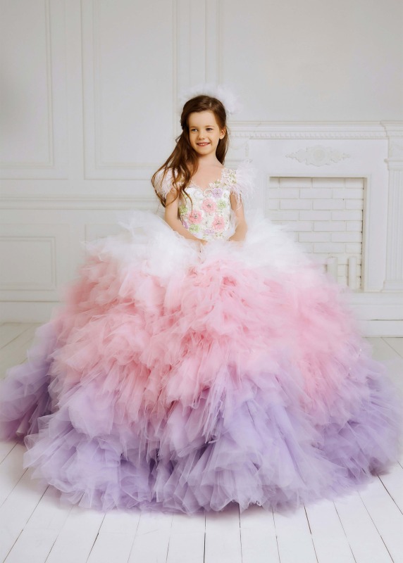 Mix Color Tulle Ruffled Beaded Girls Pageant Dress