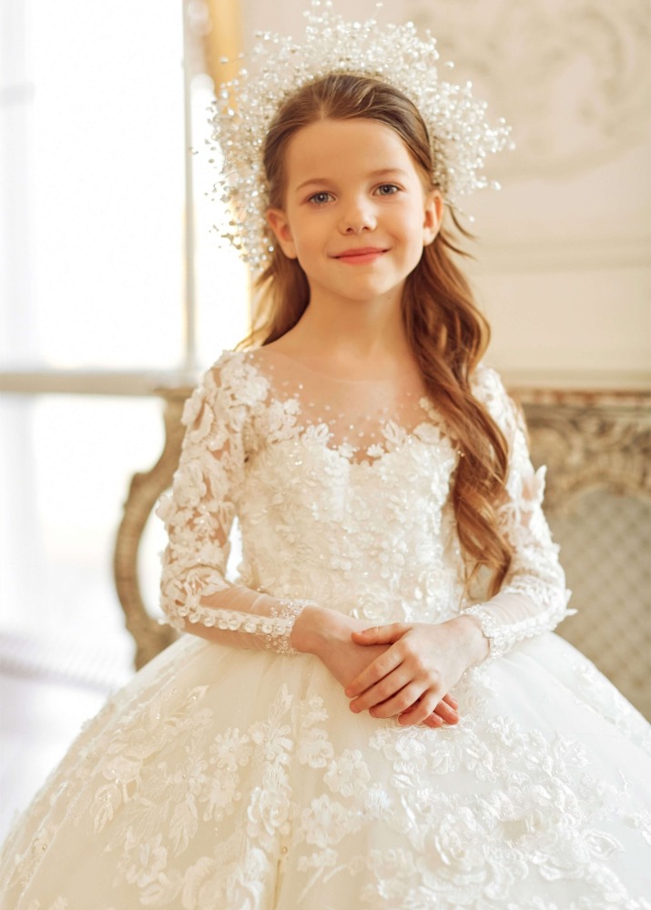 Ivory Beaded Lace Floral Wedding Party Flower Girl Dress