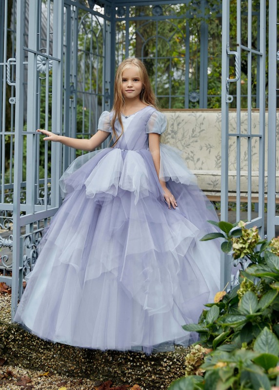 Short Sleeves Lavender Tulle Ruffle Flower Girl Dress