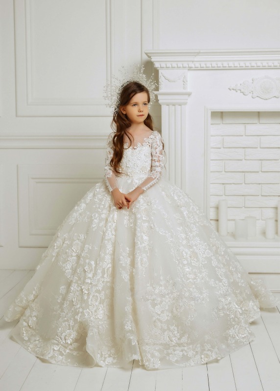 Ivory Beaded Lace Floral Wedding Party Flower Girl Dress