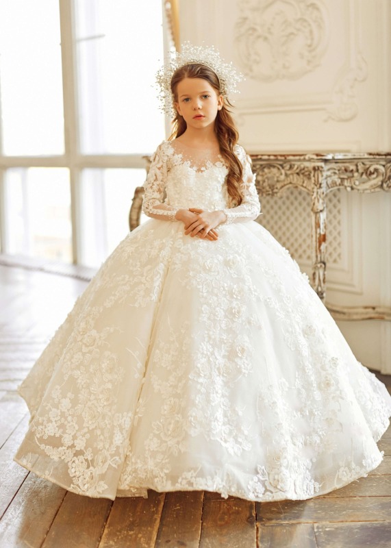 Ivory Beaded Lace Floral Wedding Party Flower Girl Dress