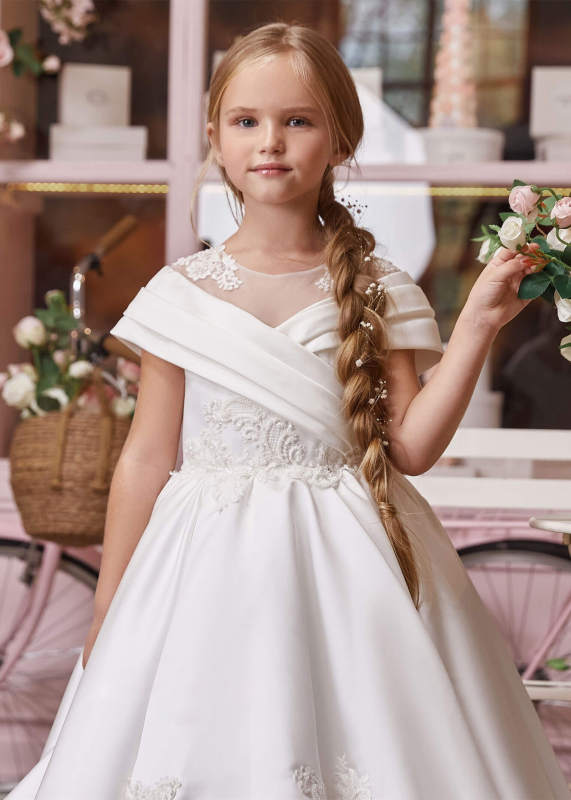 ivory Lace Satin Beaded Chic Flower Girl Dress