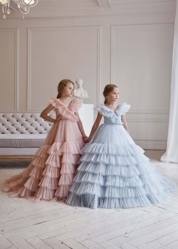 V Neck Tulle Beaded Fashion Flower Girl Dress