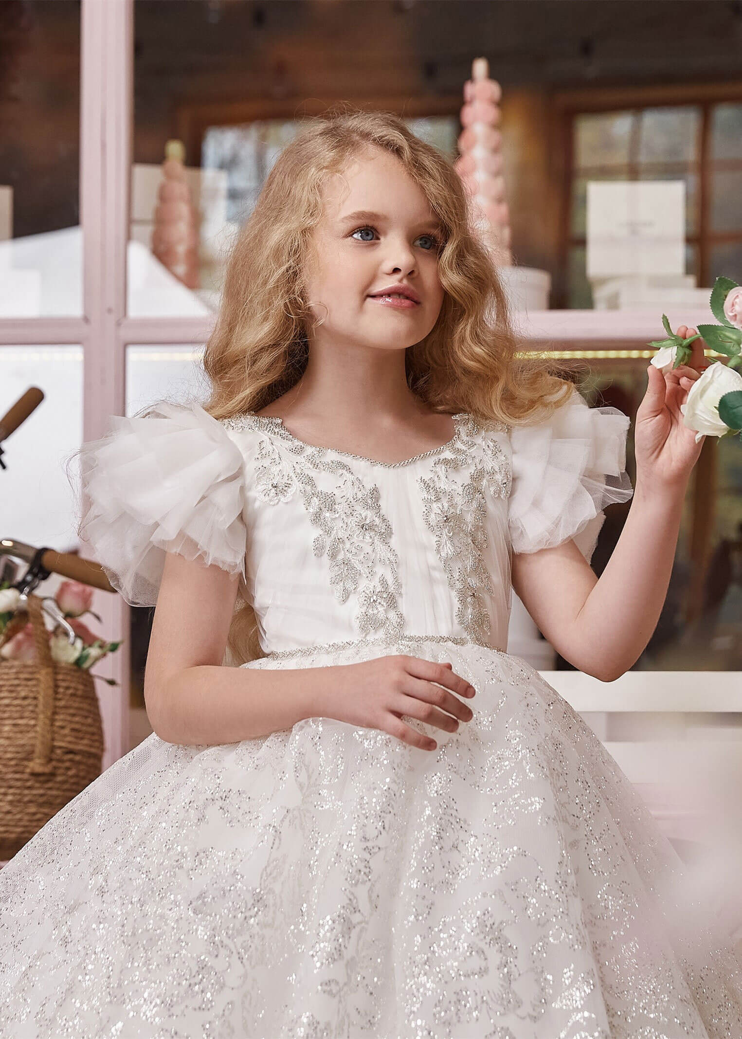 Elegant Beaded Tulle Sparkly Flower Girl Dress