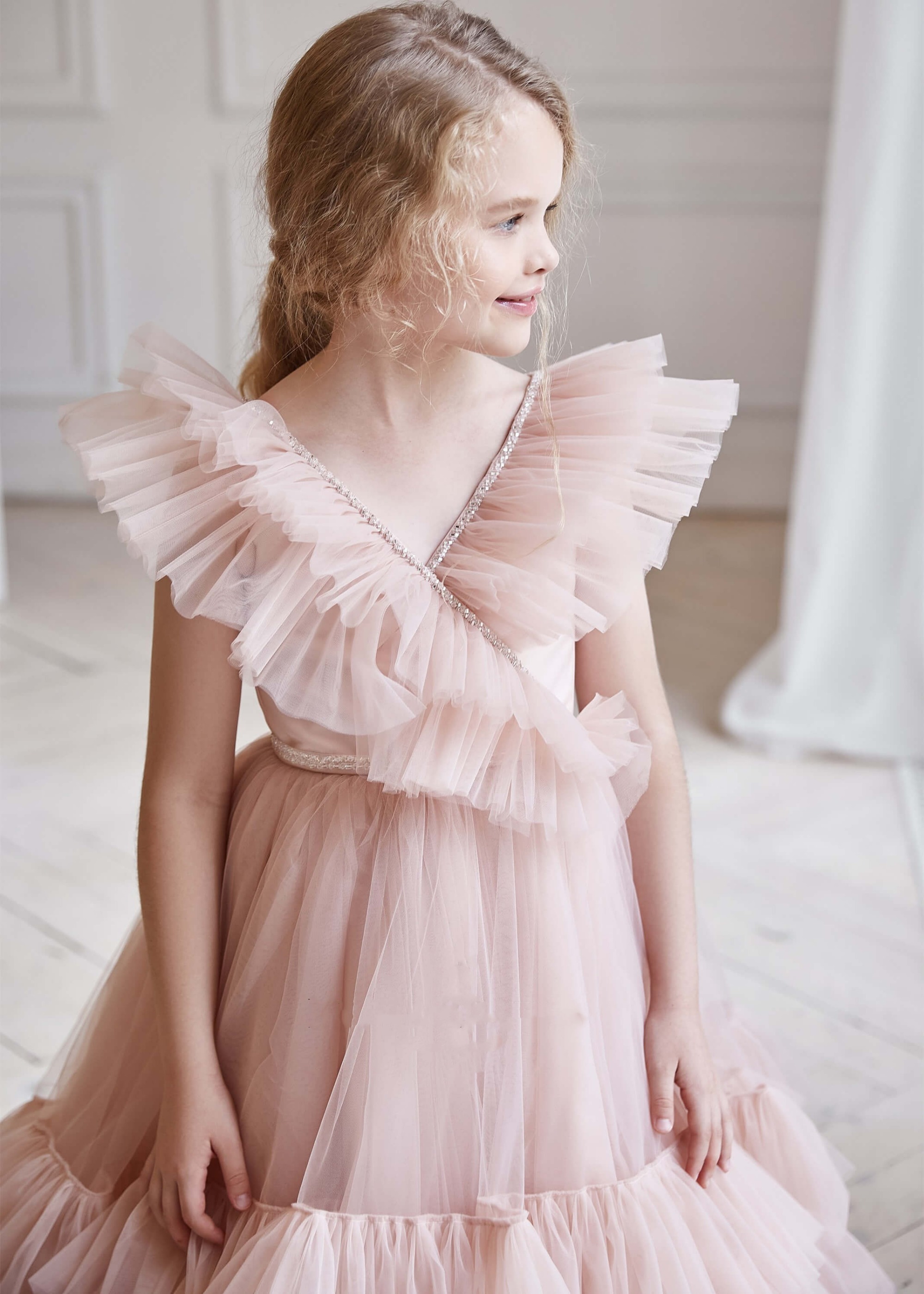 V Neck Tulle Beaded Fashion Flower Girl Dress
