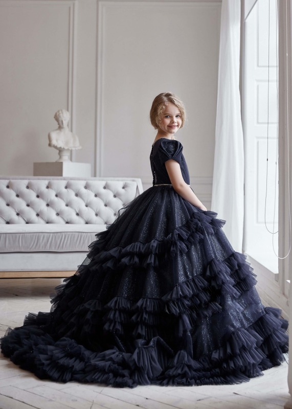 Dark Blue Glittering Tulle Holiday Dress Flower Girl Dress