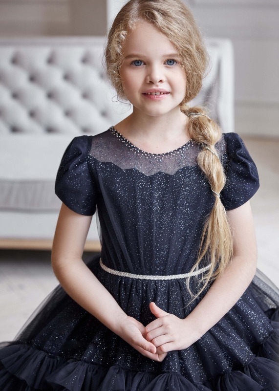 Dark Blue Glittering Tulle Holiday Dress Flower Girl Dress