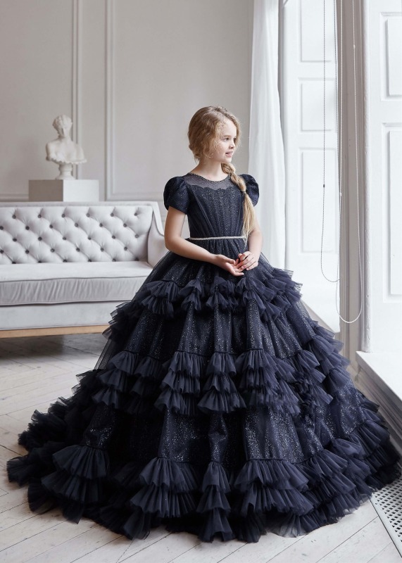 Dark Blue Glittering Tulle Holiday Dress Flower Girl Dress