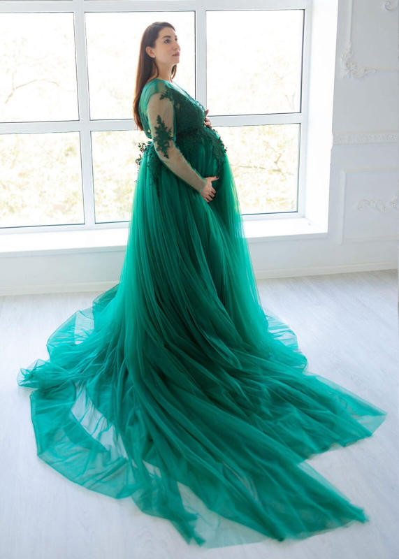 Green Lace Tulle V Neck Classic Maternity Dress