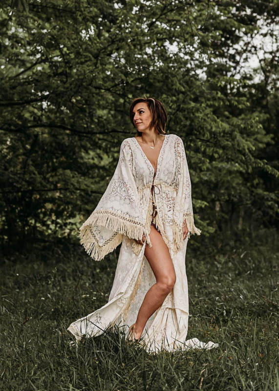 Long Sleeve Open Front Boho Lace Maternity Dress