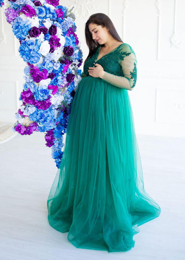 Green Lace Tulle V Neck Classic Maternity Dress