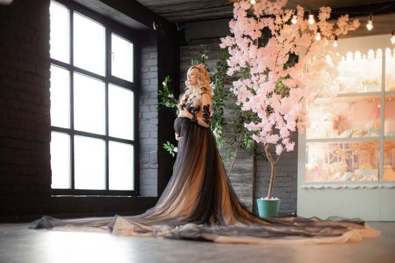 Black Lace Tulle Long Train Maternity Dress