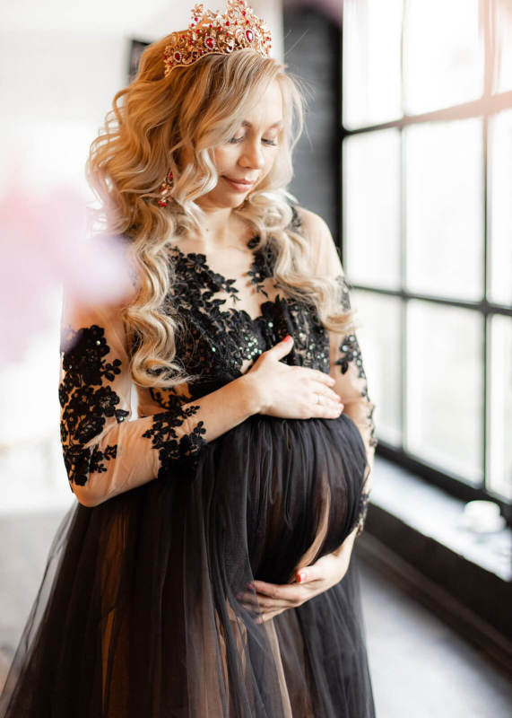 Black Lace Tulle Long Train Maternity Dress