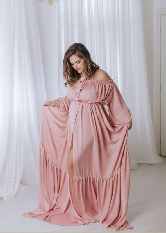 Off Shoulder Dusty Pink Slit Maternity Dress
