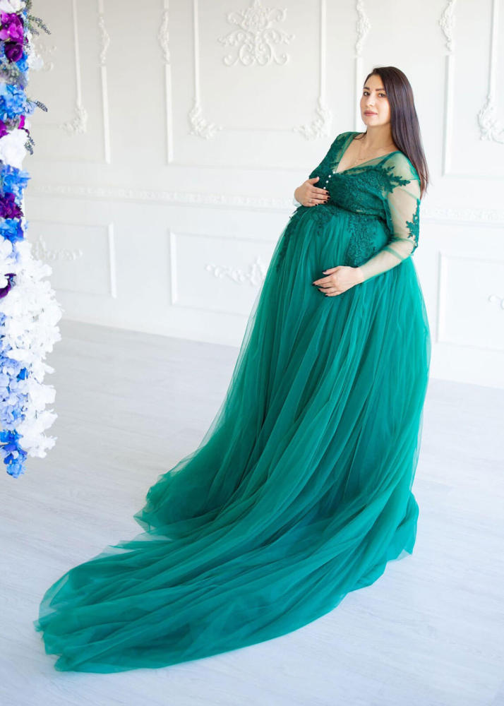 Green Lace Tulle V Neck Classic Maternity Dress