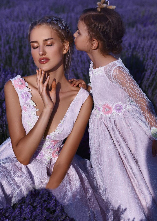 Elegant Lace 3D Flower Mother And Kids Dress